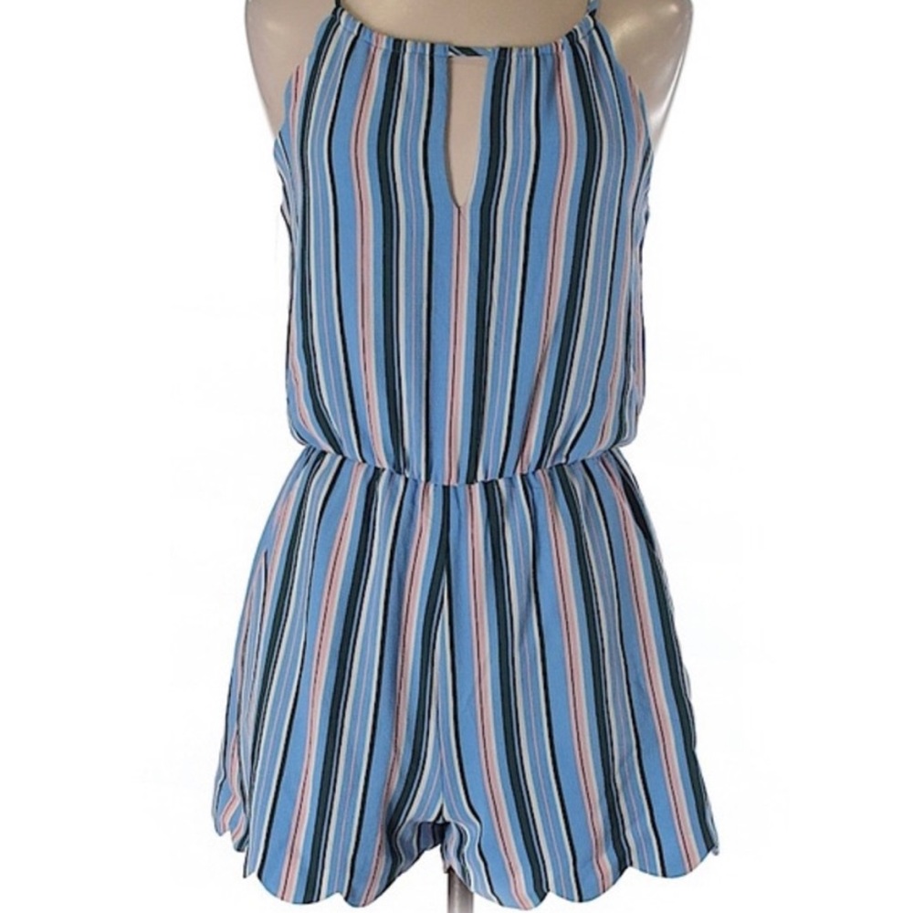 Francesca's Blue Rain Scalloped Hem Striped Romper Size XS